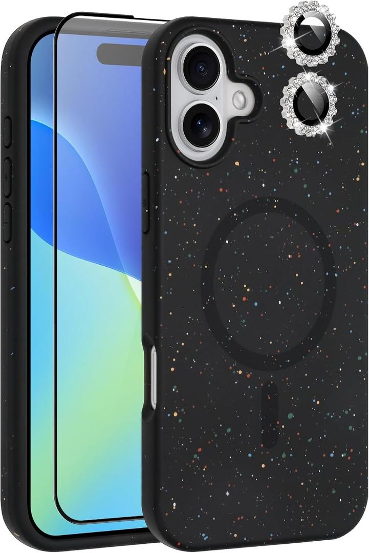 MZELQ for iPhone 16 Case, Compatible with MagSafe, Shower Black, Shockproof, Drop Proof, Ultra-Slim, Diamond Camera Protector, Screen Protector, Silicone Designed for iPhone 16 Case