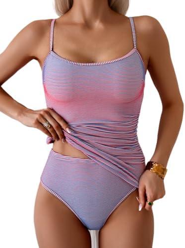 Eomenie Women's Tankini Swimsuits Two Piece Tummy Control Bathing Suit Color Block Slim Swimwear with High Waisted Bottom M