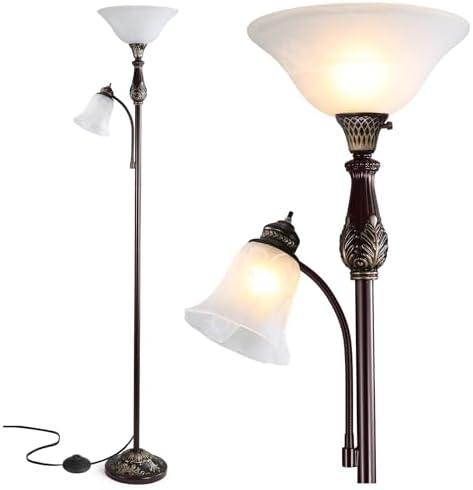 Torchiere Floor Lamps for Living Room & Bedroom, 71" Vintage Victorian Floor lamp with Reading Light, Tall Corner Standing Farmhouse Lamp for with Glass Shade Home Office Decor, Bronze