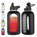 EALGRO 64 oz Glass Water Bottle With Straw and Handle, Half Gallon Sports Motivational Water Jug Flask with Silicone Sleeve, Large Water Cup with Time Marker for Travel, Gym, Black