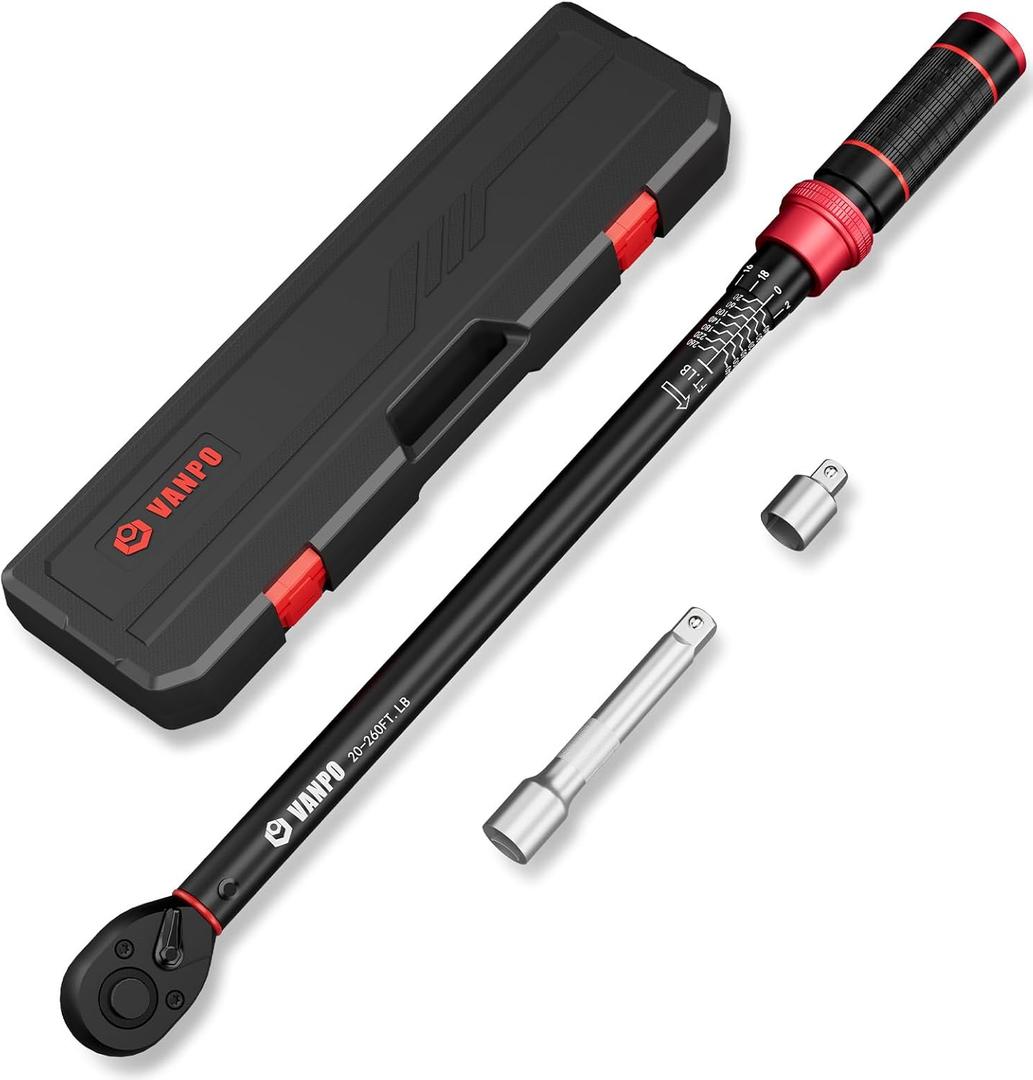 VANPO 1/2-Inch Drive Click Torque Wrench, 20-260 Ft-Lb/27.1-352.3 Nm, 22.04", Dual Direction, 72 Tooth, Adjustment Torque Wrench with 1/2" to 3/8" Adapter & 125mm Extension Bar for Car & Truck