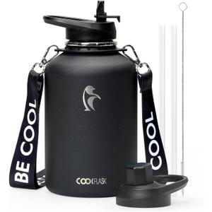 Coolflask 64oz Insulated Water Bottle with Strap, Half Gallon Large Water Jug with Straw & Spout Lids, Double Wall Stainless Steel Metal Flask, Keep Cold 48h Hot 24h, Leak Proof&Non-BPA, Magic Black