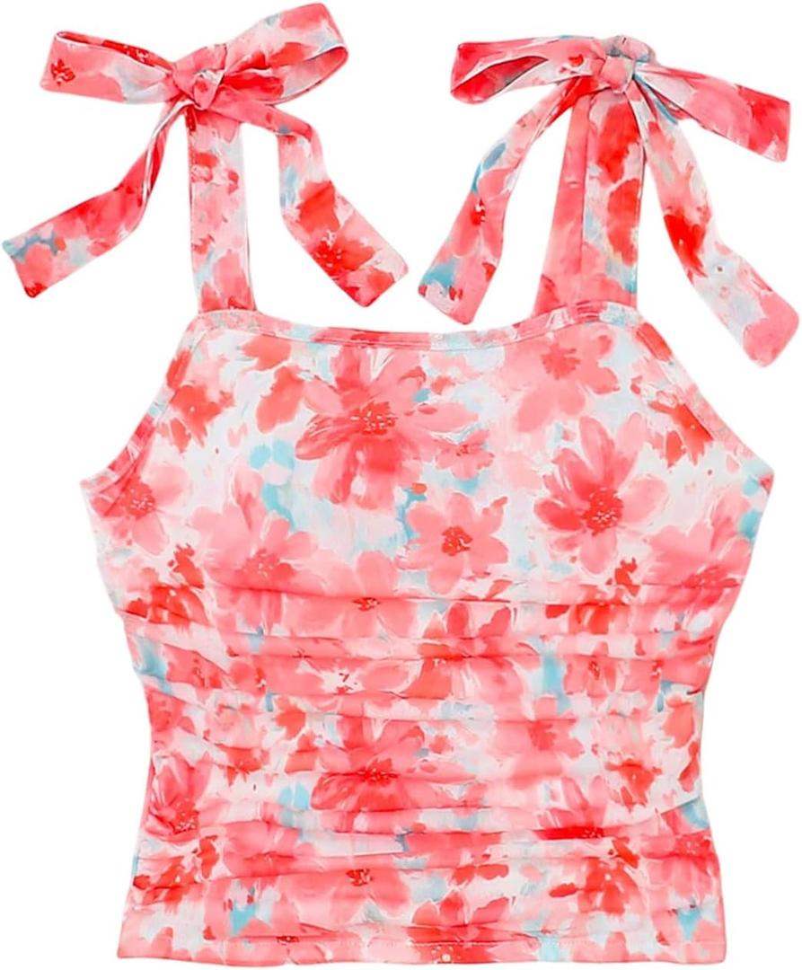 SOLY HUX Girl's Floral Tank Tops Bow Tie Shoulder Sleeveless Ruched Summer Crop Tops (Orange)