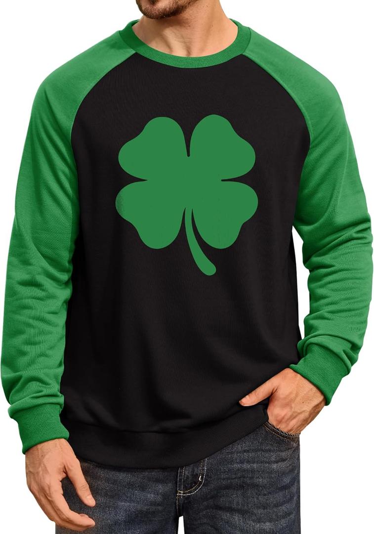 Arvilhill Mens St Patrick's Day Sweatshirts Raglan Soft Charm Shamrock Irish Long Sleeve Pullover (3XL) (Green Black - Clover)