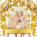 Gold Birthday Decorations Set 92Pcs Set Gold Banner, Star Garland, Crown, Star & Heart Foil Balloons, Fringe Curtain, Table Cover, Cake Topper, Confetti & Latex Balloons for Girls, Women's Birthday