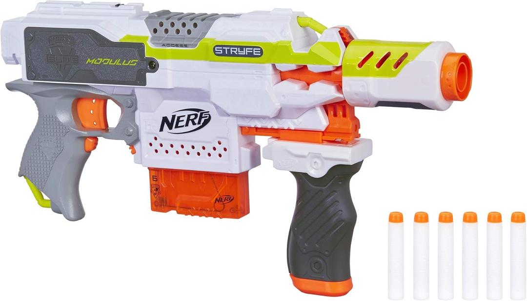 Nerf Modulus Stryfe Motorized Blaster - Fires 6 Darts in a Row - Includes Drop Grip, Barrel Extension, 6-Dart Clip, 6 Nerf Elite Darts 