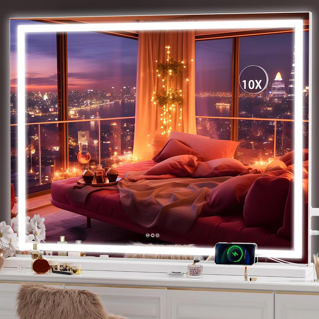 Hasipu Vanity Mirror with Lights, 40" x 30" LED Makeup Mirror, Lighted Makeup Mirror with Dimmable 3 Modes, Touch Screen Control Vanity Mirror Square White
