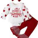 My First Valentines Day Toddler Baby Girl Outfit Red Heart Long Sleeve Romper and Flare Pants Infant Clothes (6-12 Months)