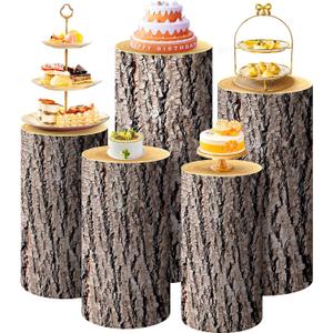 SaitiMade Set of 5 - Wood Cylinder Pedestal Stand Covers, Spandex Wooden Texture Cylinder Stand Covers for Party, Wedding or Birthday Event Decor - Only Contains Cylinder Covers