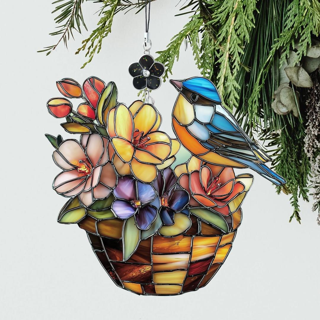 Bird Stained Glass Style Ornament, Acrylic Window Hanging Suncatcher Decoration, Colorful Bird and Floral Basket Decor for Christmas Tree, Garden or Home, Gift for Women Mom Birthday Holiday