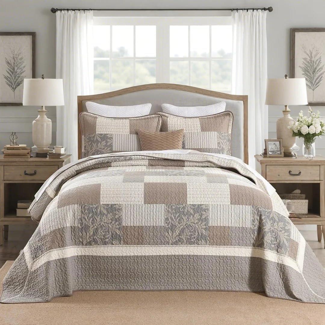 Bedduvit 100% Cotton 120"x120" Oversized California King Bedspread - Farmhouse Patchwork Plaid Oversized Bedspreads, 3 Pieces Vintage Floral Quilts, All Season Cal King Bedding Decor, Brown/Beige/Gray