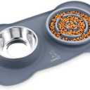 Pecute Slow Feeder Dog Bowls to Slow Down Eating, Dog Bowl Slow Feeder with No-Spill Non-Skid Silicone Mat, Food-Grade Safe Dog Food Bowls Slow Feeder, Stainless Steel Dog Water Bowl for Dogs Cats (Medium-1 Cup/13.5 oz each, Grey)