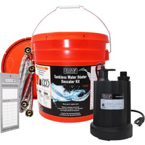 DrainX Tankless Water Heater Descaling Flush Kit - 3.5 Gallon Bucket, Heavy Duty 1/6 HP Pump, Steel Hoses, Maintenance Card, Instructions - Just add Vinegar or Descaler!