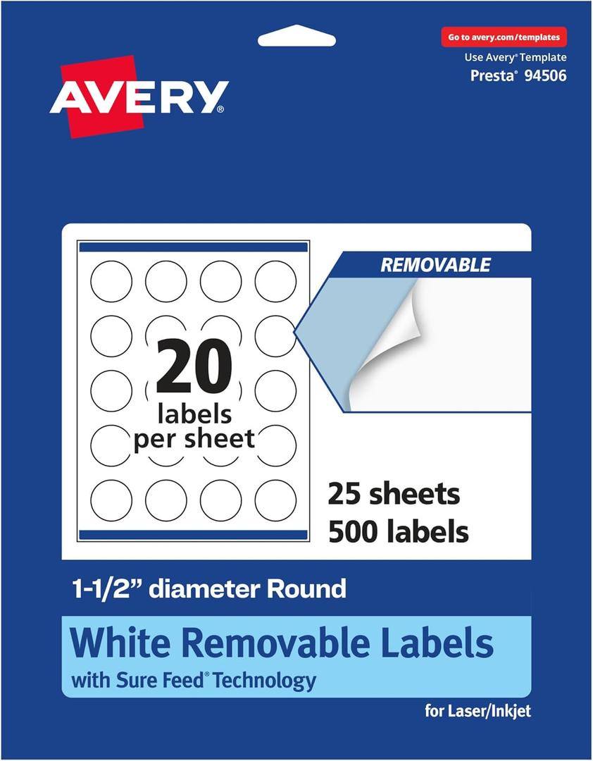 Avery Matte White Removable Round Labels, Sure Feed Technology, Print-to-The-Edge, 1.5" Diameter, 500 Removable Labels, Laser/Inkjet Printable