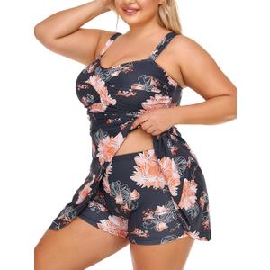 MiYang Women Plus Size Two Piece Swimsuits Flowy Tankini Swim Dress Bathing Suit with Shorts (Orange Hibiscus)  22