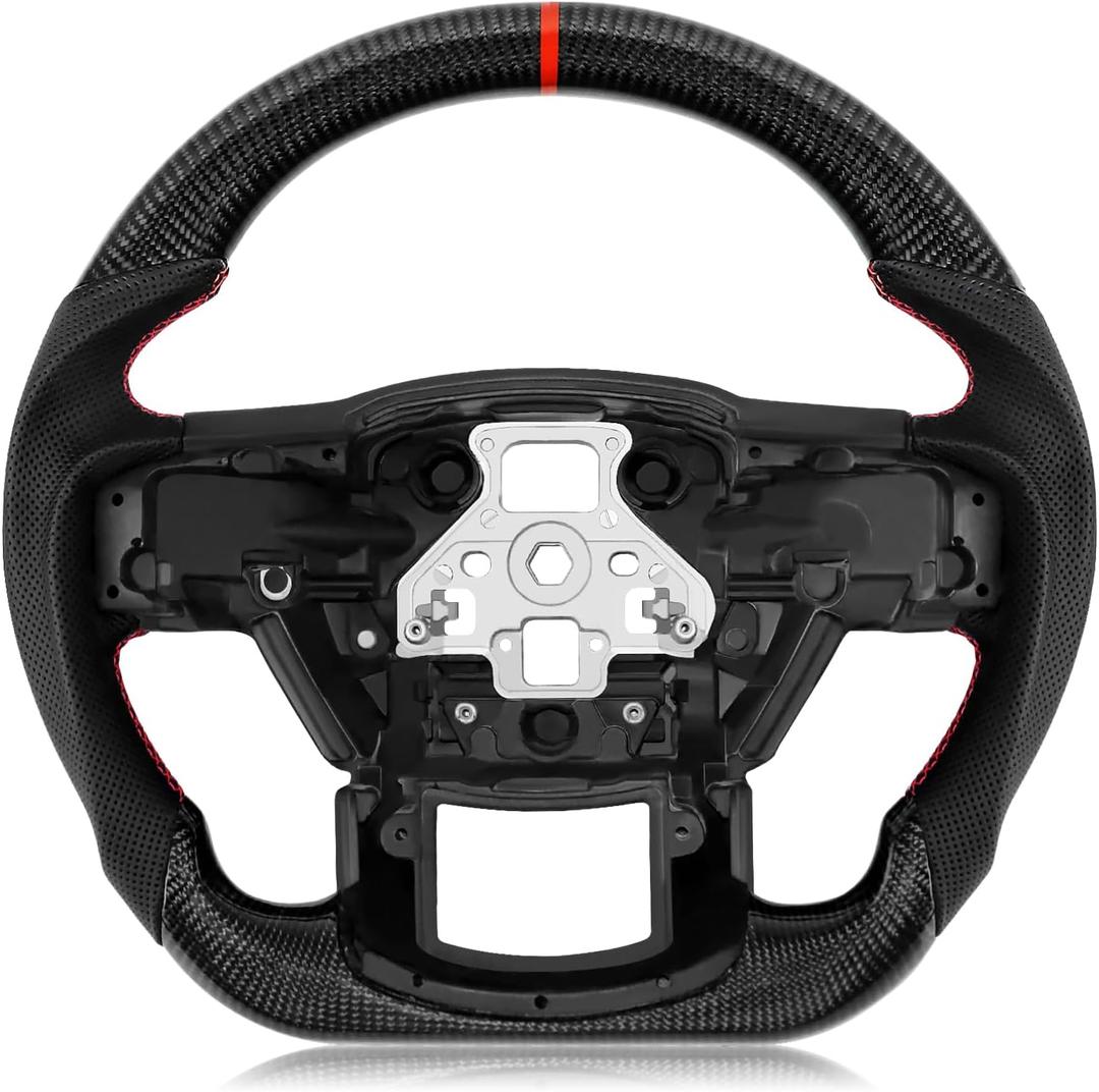 Real Carbon Fiber Steering Wheel for Ford F150 2015-2020,Perforated Nappa Leather Grip, D-Shaped Flat-bottom for F150 Steering Wheel without Paddle Shifter Holes