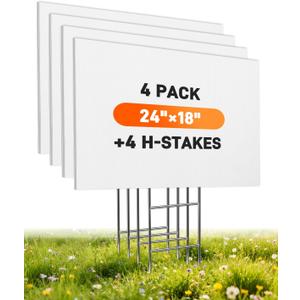 4 Pack Blank Yard Signs with Stakes, 24" x 18" 5mm Corrugated Plastic Board