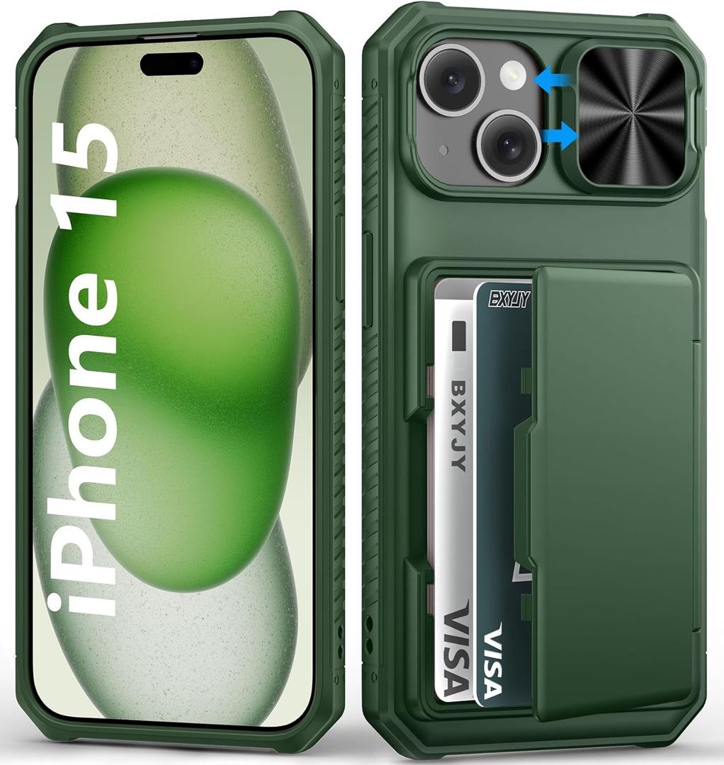 BXYJY for iPhone 15, iPhone 14, iPhone 13 Wallet Case with Card Holder(4-5 Cards), Slide Camera Cover, Military & RFID Protection, Heavy Duty Women Men Protective Phone Case for iPhone15/14/13, Green