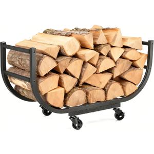 30in Firewood Rack Outdoor - Indoor Firewood Holder Heavy Duty Firewood Carrier with Casters Stable Logs Rack Matte Black