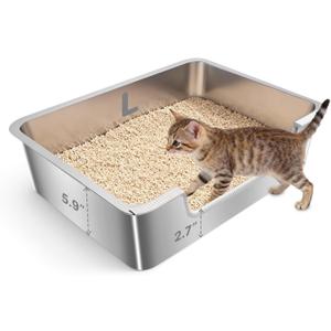 Low Entry Litter Box for Senior Kittens Disabled Cats - Stainless Steel High Sided Enclosed Easy Step in Entry - Large Metal Kitty Litter Box Easy to Clean(19.7x13.8x5.9)