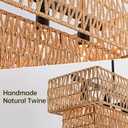 6-Light Boho Rattan Chandeliers for Dining Room, 2 Layer Large Linear Chandelier Rattan Pendant Light Fixture Farmhouse 34 Rectangle Chandelier for Kitchen Island Bar Living Room
