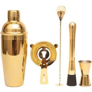 Cocktail Shaker Set Bartender Kit,5 Piece Bar Set Stainless Steel Bar Tools Set for Professional Bartender and Home, Gold, 5-Piece