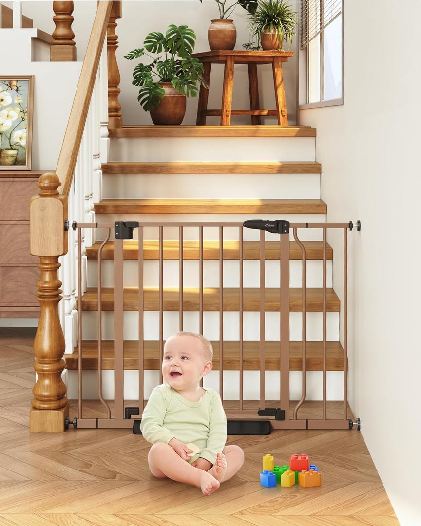 29"-40" Baby Gate for Stairs, Auto Close Stroller Friendly Dog Gate Indoor for Doorways, Pressure Mounted Baby Gate, Easy Walk Through Gate for Children & Pets, Brown, 29-40"Wide, 28"Tall