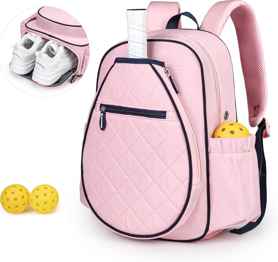 Pickleball Bag, Quilted Pickleball Backpack with Shoe Compartment & Waterproof Pocket, Pickle Ball Paddle Bag Fits 2 to 4 Paddles for Women and Men (Pink)