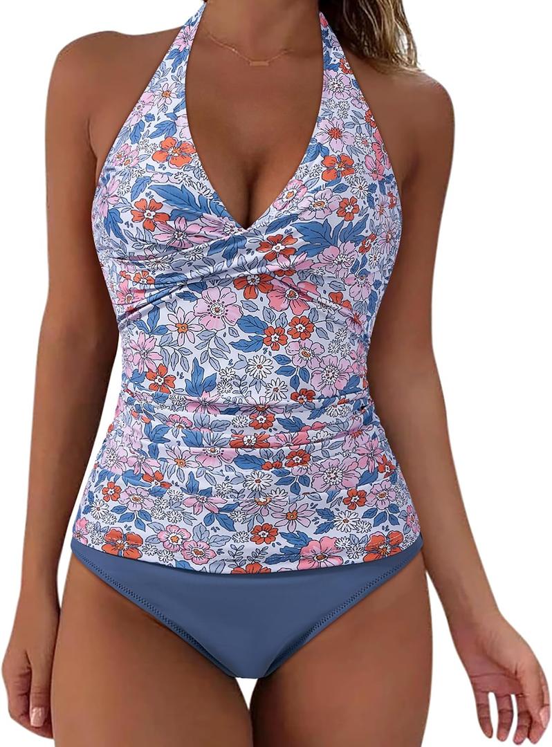 SUUKSESS Women Sexy Halter Tankini Bathing Suits Slimming Tummy Control High Waisted Swimsuits 2 Piece (XL)