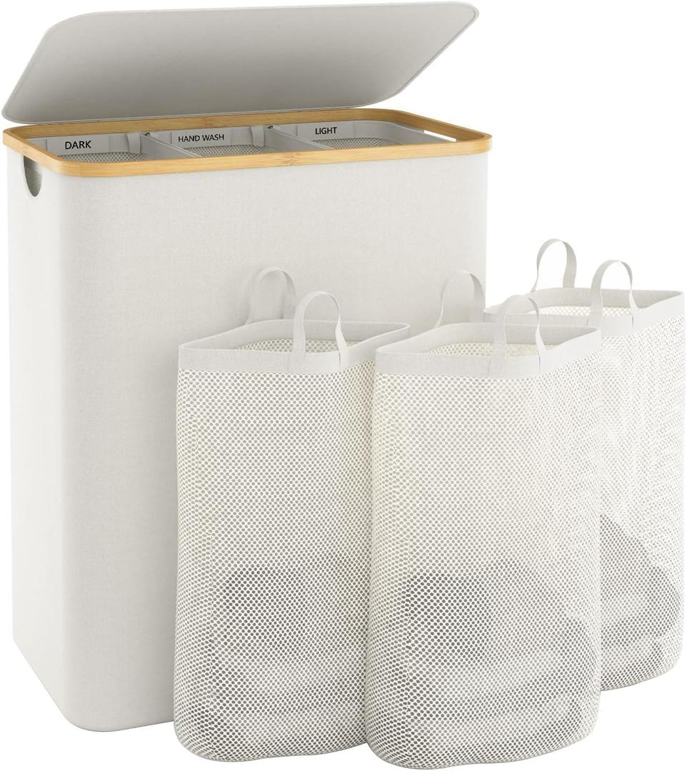Extra Large 3 Section Dirty Clothes Laundry Basket with Lid, Dirty Clothes Hampers with Removable Bags for Bedroom and Laundry Room, Beige, 145l