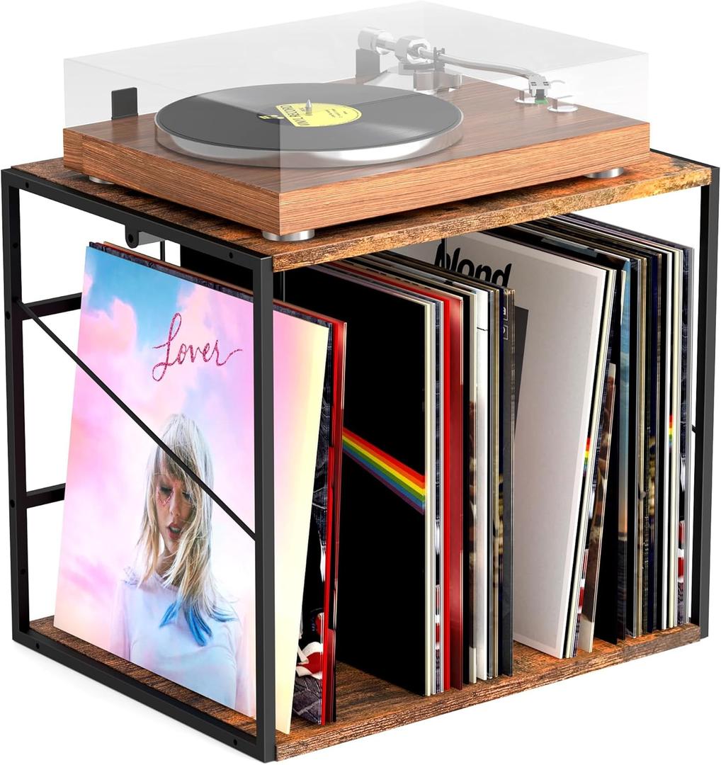 Vinyl Record Storage Holder for 80-100LPs, Vinyl Record Stand Wall Mount with Movable Divider, Solid Record Display Crate & Organizer for Albums, Magazine, Book, File (Brown)