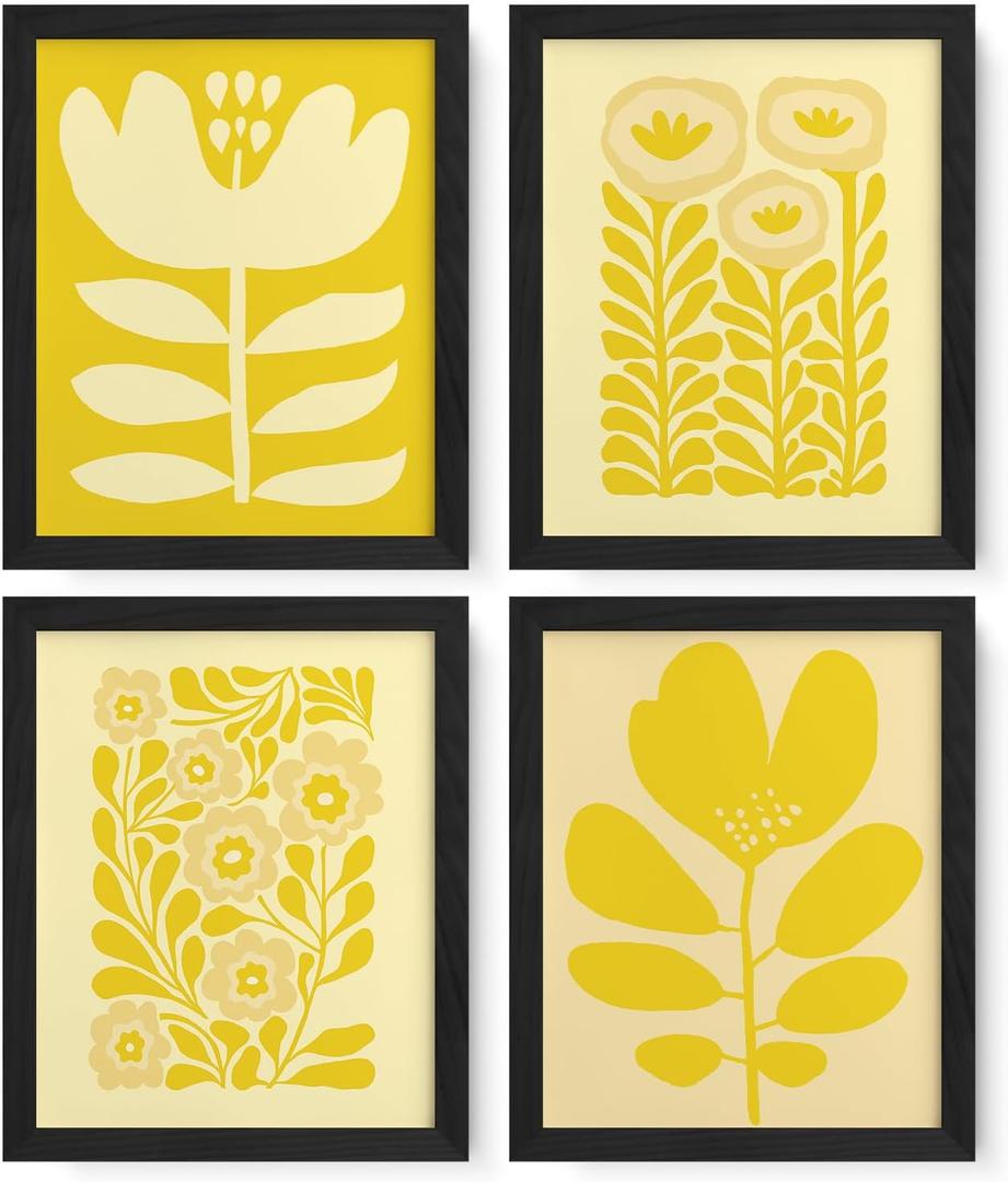 JXREQ Yellow Boho Abstract Neutral Floral Posters Wall Art Prints Set of 4, Mid Century Modern Abstract Black and Beige Matisse Floral Wall Decor for Home Bedroom Living Room, 8x12 Inch Unframed