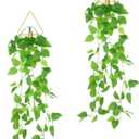 Jexine 2 Pcs Hanging Planters with Artificial Plants Metal Hanging Vase Indoor Plants Holder Modern Geometric Boho Wall Decor for Living Room Home Office (Gold, Pothos)