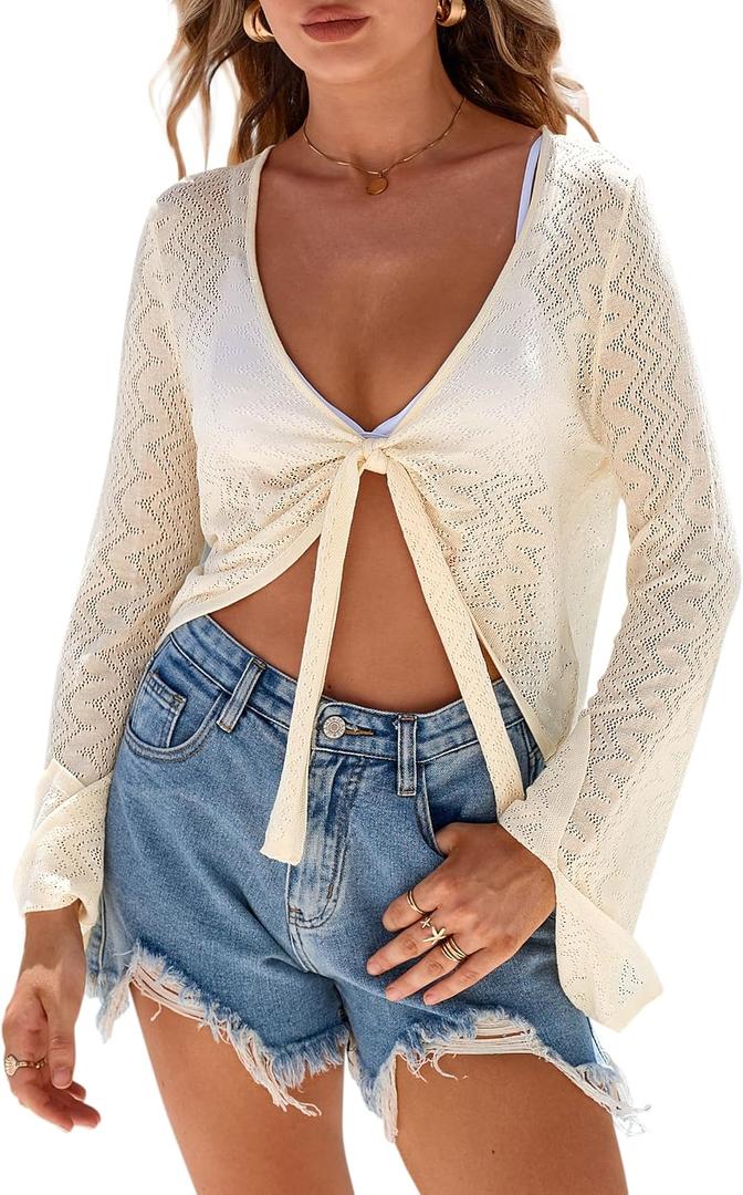 Arach&Cloz 2026 Spring Cover Up Fashion Bolero Shrugs for Women Linen Blend Summer Tie Front Sheer Mesh Tops Long Sleeves Soft Beach Short Cardigan for Bathing Suit Cute Cropped Clothes Apricot M