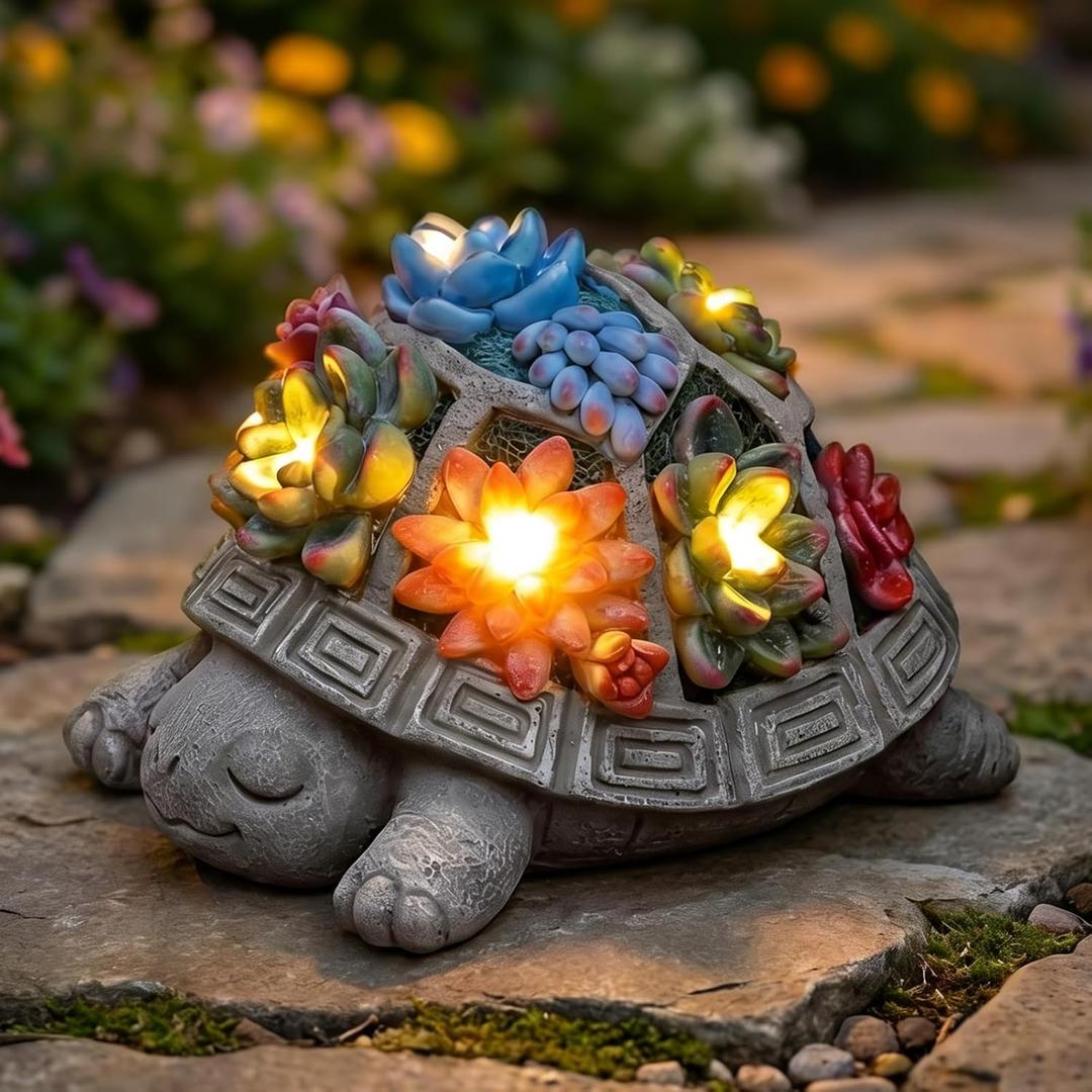 Solar Turtle Garden Outdoor Decor with Succulent & 7 LED Lights Outside Tortoise Statue Decor for Yard Patio Balcony & Backyard - Home House Decoration Art- Gift for Women Mom & Grandma