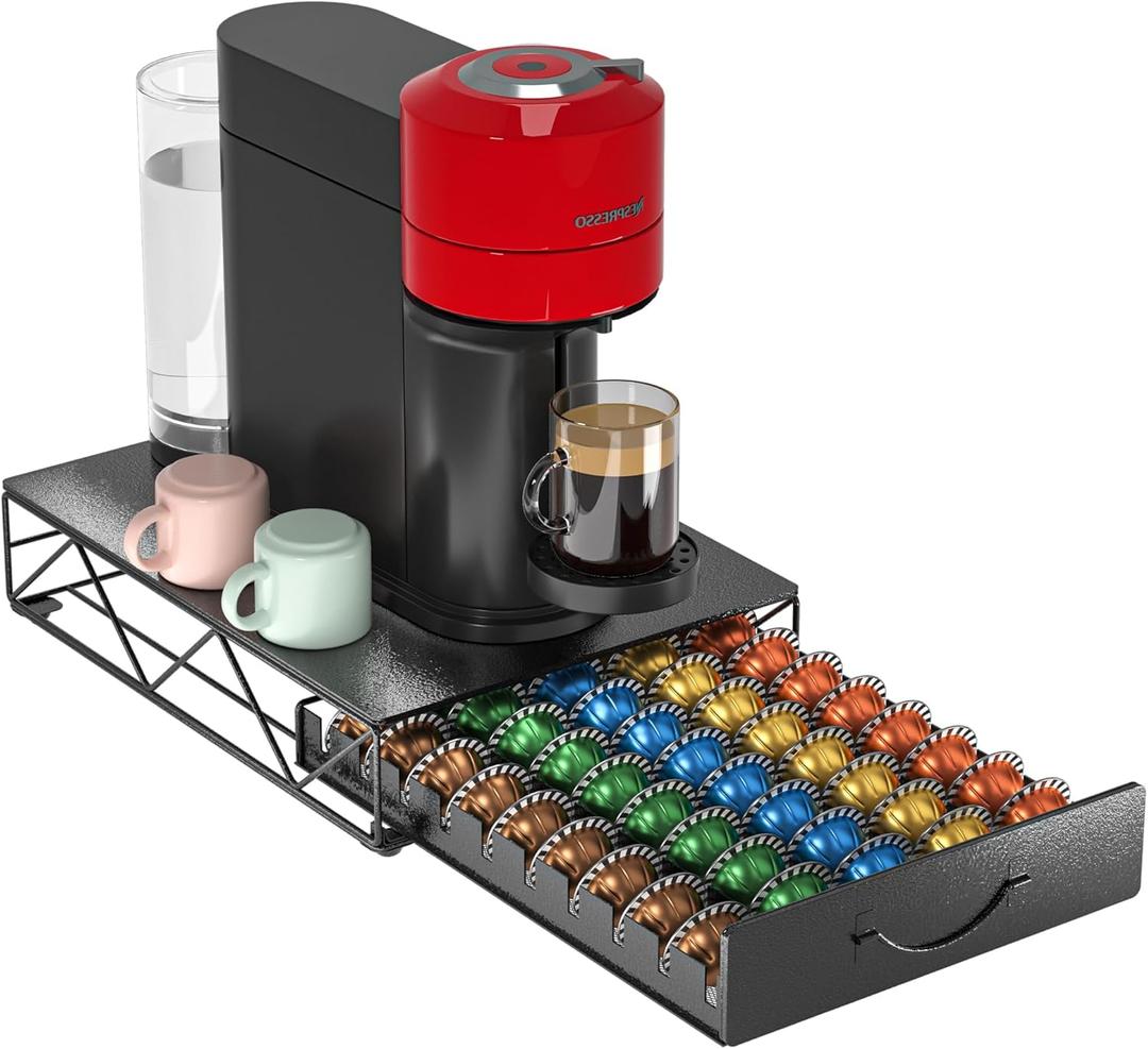 HFHOME Coffee Pod Holder Compatible with 50 VertuoLine, Coffee Capsules Drawer for 40 K Cup, Metal Pod Storage Drawer Organizer for Vertuo Capsules for Home Office Counter (50 pcs Capacity)