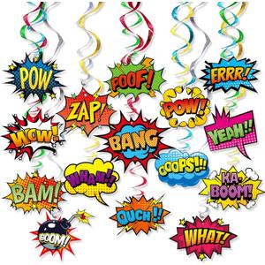 Superhero Hanging Swirls 30 Pack Hero Action Sign Foil Ceiling Hanging Swirls Streams Banner Decor Garland for Kids Superhero Baby Shower Celebrating Events Birthday Party Supplies Room Wall Decor