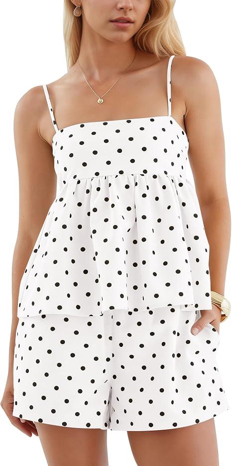 Polka Dot 2 Piece Sets for Women Summer Lounge Sleeveless Peplum Top Shorts Set Vacation Beach Matching Outfits Size M