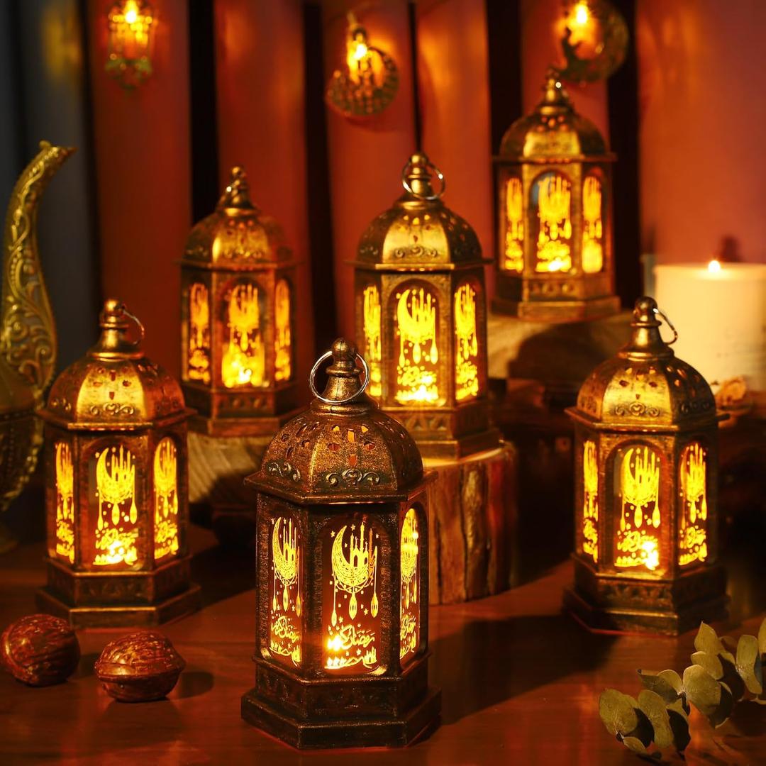 Mini Ramadan Lantern Lights - Ramadan Candle Eid Mubarak Lantern Decoration Lights for Home Wall Window Tabletop Patio Decor, Gold