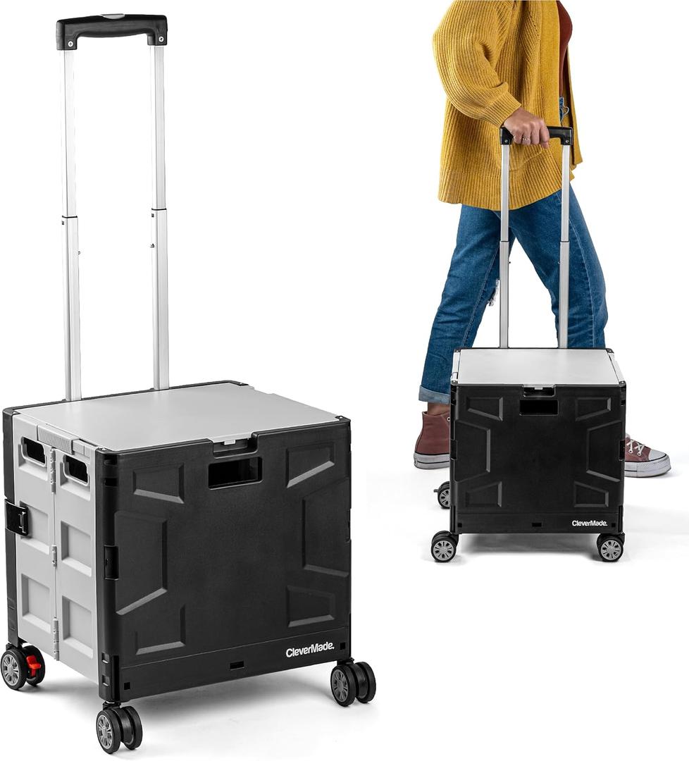 CleverMade Collapsible Crate on Wheels with Handle (35L, 4-Wheel) Collapsible Rolling Cart with Lid, Foldable Utility Cart for Teachers, Groceries, Travel, Office Storage Holds 75 lbs, Cool Gray