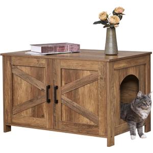 Homhedy Cat Litter Box Enclosure, Wooden Cat Washroom Furniture with Barn Door, Pet House, Fit Most of Litter Box, Rustic Walnut (31.5L x 19.7W x 19.7H)
