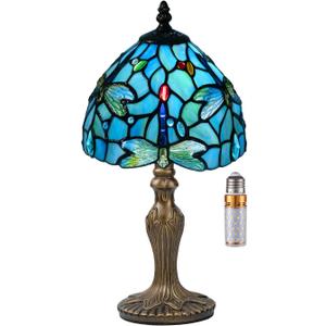 Small Tiffany Table Lamp, 3 Color-Temperature Dragonfly Stained Glass Lamp,8 Inch Tiffany Style Lamp for Bedroom Living Room Home, Handcrafted Light, Included Bulb (Blue)