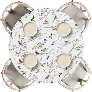 Horaldaily Spring Fitted Tablecloth 45"-56" Round, Spring Colorful Birds Branch Washable Table Cover Elastic Edged for Dinning, Picnic, Camping, Banquet
