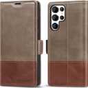 KEZiHOME for Samsung Galaxy S24 Ultra Case, Genuine Leather [RFID Blocking] Galaxy S24 Ultra Wallet Case, Card Slot Flip Kickstand Magnetic Phone Cover Compatible with Samsung S24 Ultra (Gray/Brown)