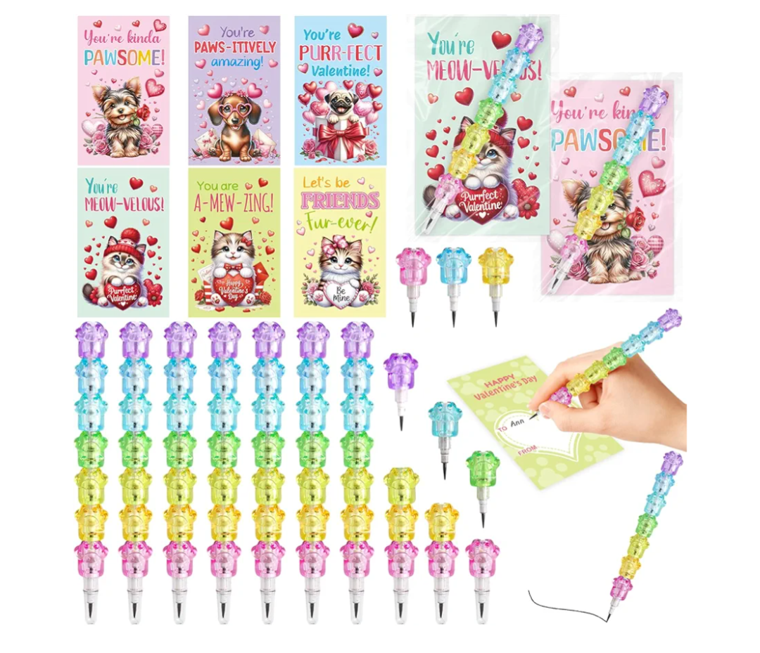 ceiba tree Valentines Day Cat Dog Puppy Cards Paw Shape Stacking Stackable Pencils Gifts Exchange for Kids Classroom School Class Classmates 24 Sets Kindergarten Preschool