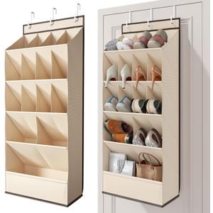 15 Pockets Over the Door Shoe Organizer, Shoe Rack for Closet Door with Large Breathable Pockets, Hanging Shoes Rack for Boots Size, Behind the Door Organizer Shoe Holder for Flexible Storage, Beige