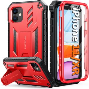 FNTCASE for iPhone 11 Phone Case: for iPhone XR case with Kickstand Shockproof Military Grade Protective Cover - Dual Layer Full Protection Sturdy Matte Textured Drop Proof - 6.1 Inch Red