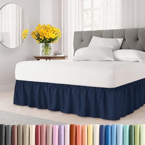 Wrap Around Dust Ruffle Bed Skirt - Navy Blue - for Queen Size Beds with 12 Inch Drop - Elastic Strap - Adjustable Pleated Bedskirt with Brushed Fabric and Wrinkle Free - for Women, Men, Kids & Teens