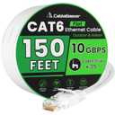 Cat 6 Ethernet Cable 150 ft White, Flat Cat6 Internet Network Cable, High Speed 10Gbps Computer Cord with 35 Clips & 4 Straps, RJ45 LAN Patch Cord for Outdoor, Indoor, Modem, Router, PS4/5