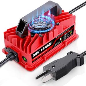 18 Amp 36 Volt Golf Cart Battery Charger for EZGO & Yamaha - Crowfoot Plug, Smart Charger for Lead-Acid Batteries, IP67 Waterproof, Multi-Protection, Unique Design (Red)